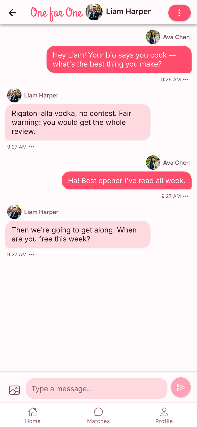 Chat screen — a conversation thread with a match