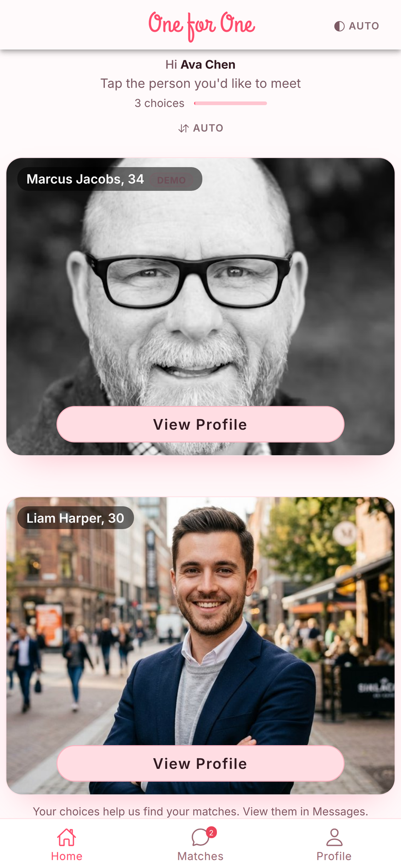 Browse screen — two profiles side by side, tap the person you'd like to meet