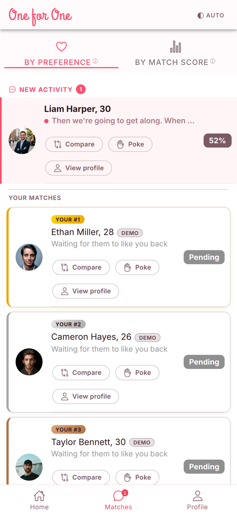 Matches screen — your matches with match scores